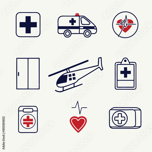 Emergency Medical Icons Vector Set – Ambulance, Rescue Helicopter, Heartbeat, and First Aid Symbols