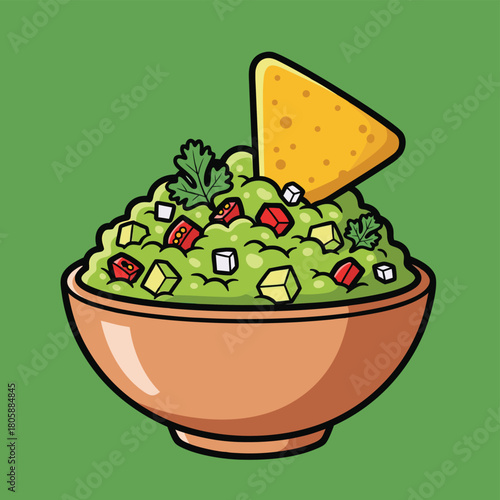 A cartoon illustration of a bowl of fresh guacamole with a single tortilla chip dipped into it, against a solid green background.