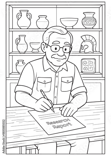 Coloring book Archaeologist dad writes research report inside archive room filled with artifacts