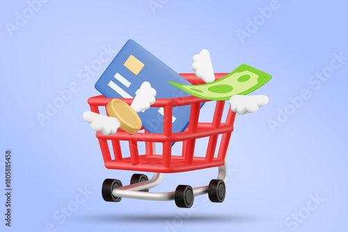 3D vector illustration rendering of online shopping concept and fast payment with credit card. Money with wings and shopping cart. Mobile commerce transaction and freedom of spending.