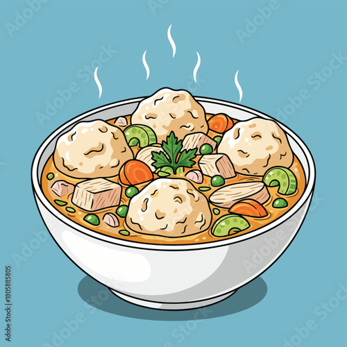 A cartoon illustration of a steaming bowl of chicken and dumplings with carrots, peas, and celery, garnished with parsley.