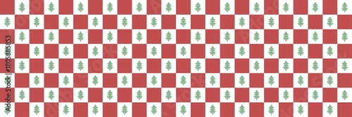 Festive seamless red and white checkered pattern featuring green Christmas trees. Perfect holiday background for wrapping paper, fabric, or winter decor with traditional seasonal charm.