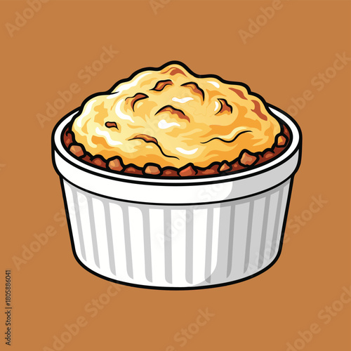 A close-up cartoon illustration of a delicious shepherd's pie in a white ramekin dish, with a golden-brown mashed potato topping.