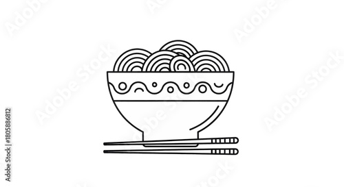 Bowl of Noodles with Chopsticks Line Art Illustration | Asian Cuisine Icon Design