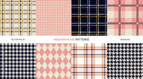Modern seamless vector patterns with bold plaid gingham tartan argyle designs in trendy pink navy yellow and cream tones perfect for textile wrapping paper contemporary fashion backgrounds decor