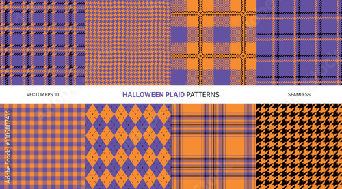 Seamless vector patterns with bold Halloween plaid in orange purple houndstooth argyle tartan check for spooky holiday textiles decorations fashion digital papers party crafts backgrounds fun designs