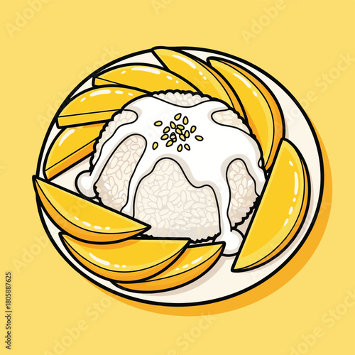 A cartoon illustration of mango sticky rice with coconut milk and sesame seeds on a plate, set against a yellow background.