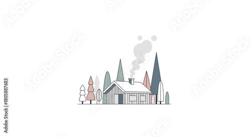 Illustration of a cozy cabin in a snowy forest with smoke rising from the chimney.