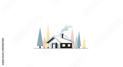 Illustration of a small house with smoke coming from the chimney, surrounded by trees.