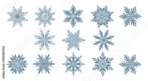 A collection of intricate blue and white snowflake designs showcasing various crystalline patterns.