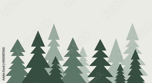 A minimalist illustration of a dense forest of evergreen trees in varying shades of green.
