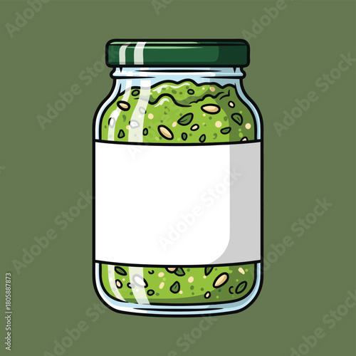 A cartoon illustration of a glass jar filled with vibrant green pesto, featuring a striped green lid and a blank white label, set against a solid olive green background.