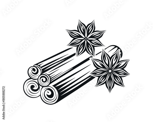 Cinnamon sticks and star anise spice illustration isolated on white background