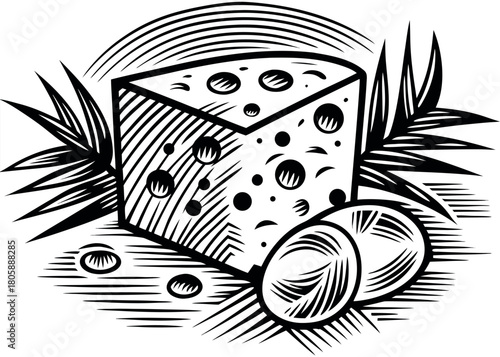 Hand drawn engraved style cheese block with organic farm elements, black and white vector sketch