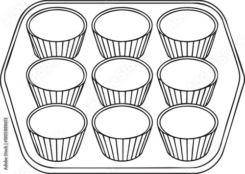 Muffin pan outline artwork depicting nine cup baking tray prepared for cooking cupcakes and creative projects