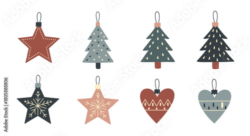 Christmas ornaments: star, tree, and heart shaped decorations for the holidays.