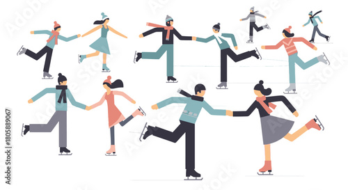 A diverse group of people enjoying ice skating together on a white background.