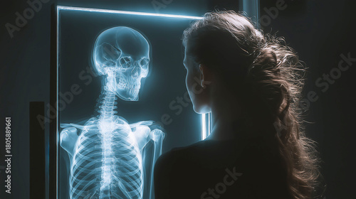 Woman stares in the mirror and sees an x ray of her skeleton