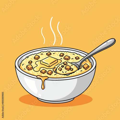 A cartoon illustration of a steaming bowl of hot grits or oatmeal with melting butter and crunchy croutons, served with a spoon on an orange background.