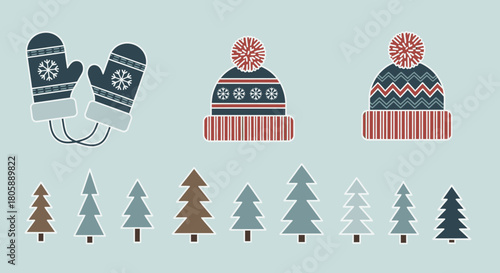 Winter-themed illustration featuring mittens, hats with pom-poms, and various stylized Christmas trees.