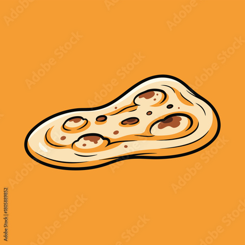 A vibrant cartoon illustration of a single, golden-brown naan flatbread with cooked spots on a solid orange background.