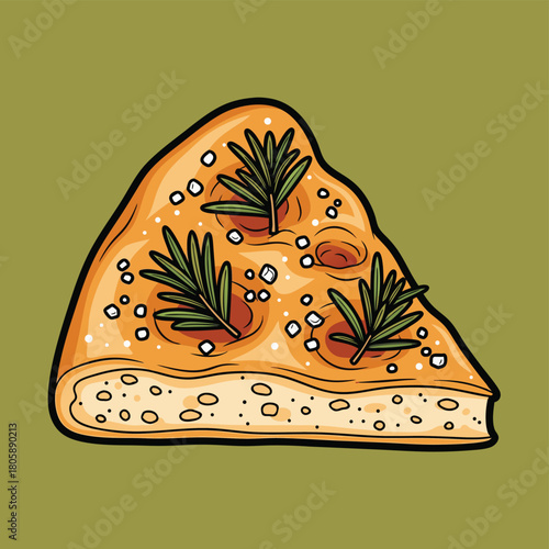 A cartoon illustration of a golden-brown focaccia bread slice topped with fresh rosemary sprigs and coarse sea salt on an olive green background.