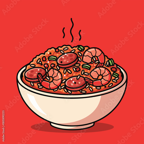 A vibrant cartoon illustration of a steaming bowl of jambalaya, featuring rice, shrimp, and sliced sausage, set against a bold red background.