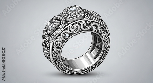 An intricately designed silver ring, isolated on, showcases a trio of sparkling diamonds set amidst ornate scrollwork, blending vintage charm with modern elegance