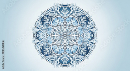 An intricate snowflake mandala design with icy details, set against a light blue background, evokes the serene beauty of winters frozen artistry