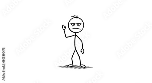 Annoyed stick figure character waving with a bored and grumpy expression