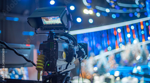 camera on the set of a Christmas TV show