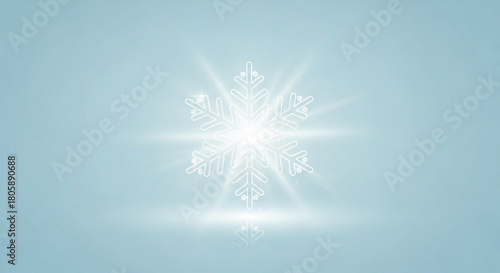 A luminous snowflake shines against a soft blue backdrop, its intricate details highlighted by a radiant glow, creating a serene and magical winter atmosphere