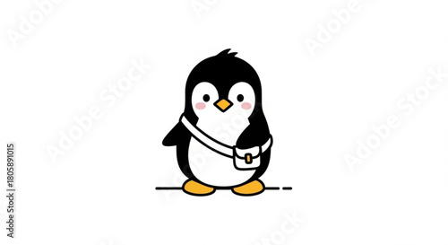 A cute cartoon penguin with a small bag, standing on a white surface, isolated on the penguin is black and white with orange beak