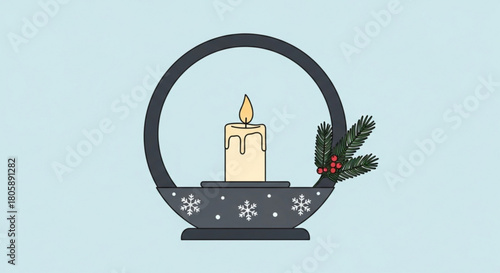 A charming illustration of a candle in a decorative holder, adorned with snowflakes and a sprig of pine, set against a soft blue background