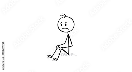 Depressed stick figure sitting alone with a sad expression on a clean white background, conveying loneliness.
