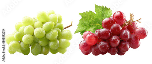 Two bunches of grapes, one green and one red