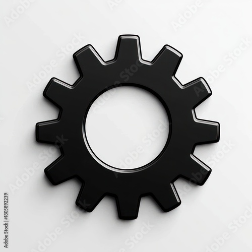 glossy black metal gear with ten teeth on a white background, sleek polished industrial aesthetic conveying precision and modern minimalism