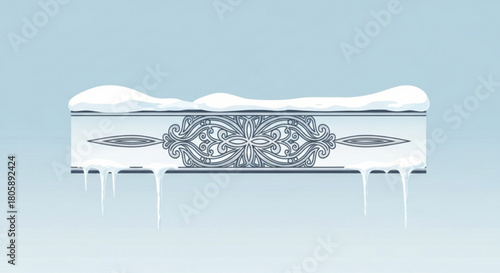 A white wooden box covered with snow and icicles, isolated on a light blue background, creating a wintery and festive scene, perfect for christmas or holiday themes