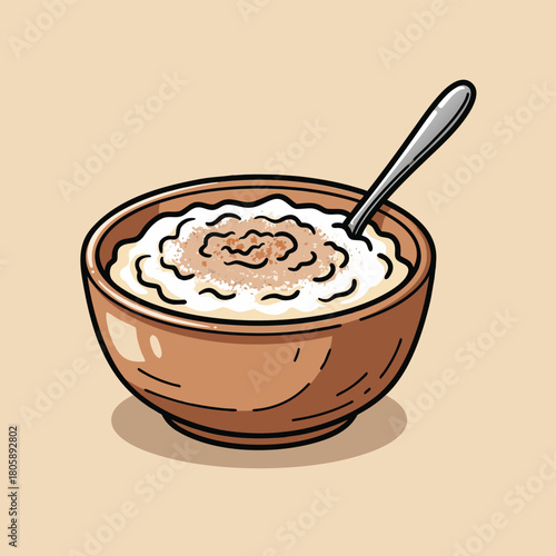 A simple cartoon illustration of a bowl of creamy oatmeal topped with cinnamon, with a spoon resting inside, on a plain background.