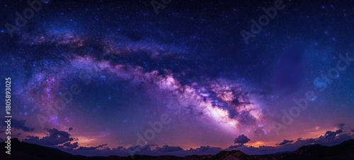 Vast milky way arching across a star-filled purple night sky above silhouetted mountain range, evoking awe and tranquil wonder