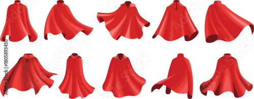 Set of ten red superhero capes in dynamic flying poses, costume accessories collection, fantasy hero clothing elements for comic style design