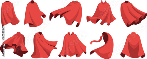 Set of ten red superhero capes in dynamic flying poses, costume accessories collection, fantasy hero clothing elements for comic style design