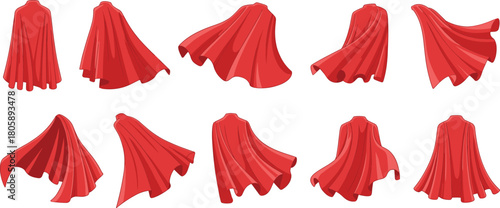 Set of ten red superhero capes in dynamic flying poses, costume accessories collection, fantasy hero clothing elements for comic style design