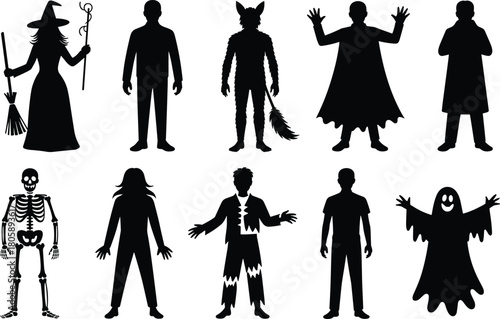 Set of ten spooky Halloween monster silhouettes including witch, werewolf, vampire, skeleton, ghost, zombie figures, creepy horror character collection