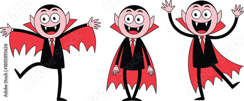 Set of three cute cartoon vampires with pink skin and red capes, playful Halloween characters, fun spooky illustration for kids and parties