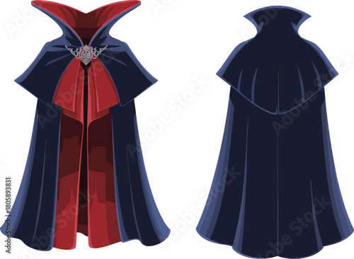 Two view vampire cloak illustration with dark blue and red colors, gothic Halloween costume accessory design, spooky Dracula cape artwork