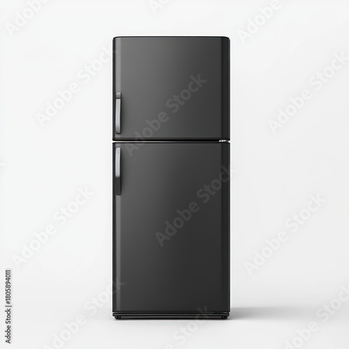 matte black two-door refrigerator with top freezer and vertical handles on white studio background, minimalist sleek and neutral mood