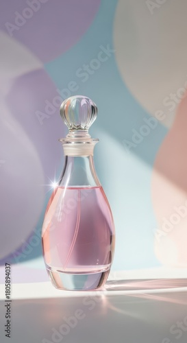 Elegant glass perfume bottle filled with pink liquid rests on a light surface against a pastel background