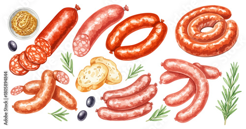 様々なソーセージ（サラミ・フランクフルトなど）と食材のセット,肉加工品,デリ,洋食,ビール,水彩,リアル