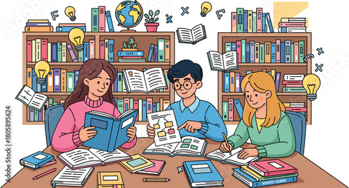 Students studying together in library, collaborative learning, academic teamwork, education concept, creative study environment, books and notebooks, knowledge sharing, productive group study